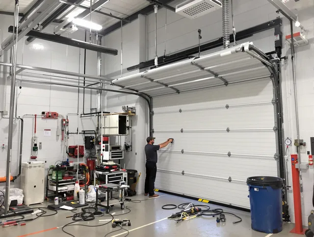 Maywood Garage Door Repair certified technician performing commercial door repair at a Maywood business facility