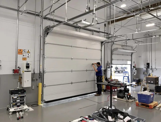 Commercial garage door repair being performed by Maywood Garage Door Repair expert in Maywood