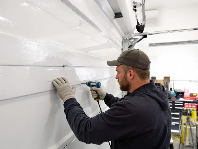 Maywood Garage Door Repair technician demonstrating precision dent removal techniques on a Maywood garage door