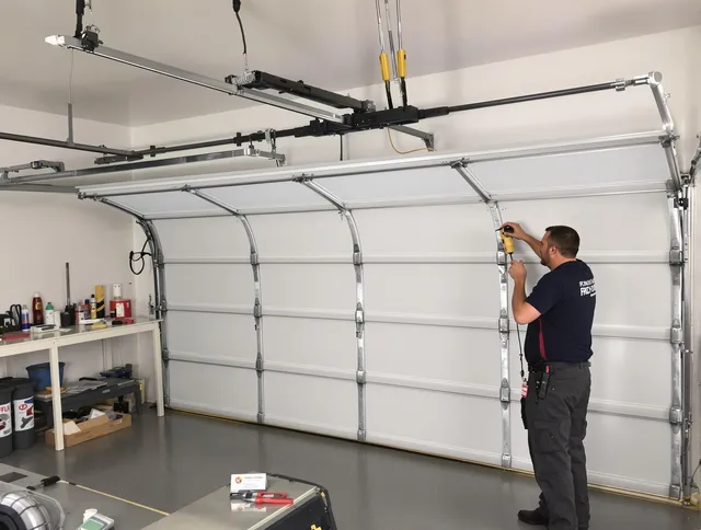 Maywood Garage Door Repair certified technician performing overhead door system repair in Maywood
