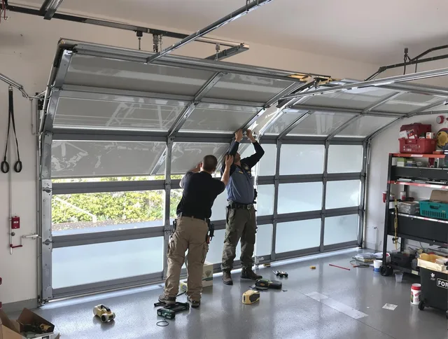 Maywood Garage Door Repair expert performing precise panel replacement on Maywood garage door
