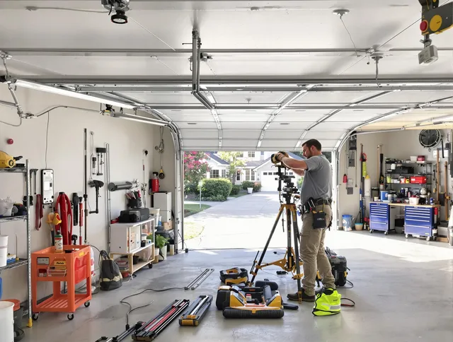 Maywood Garage Door Repair specialist performing laser-guided track alignment in Maywood